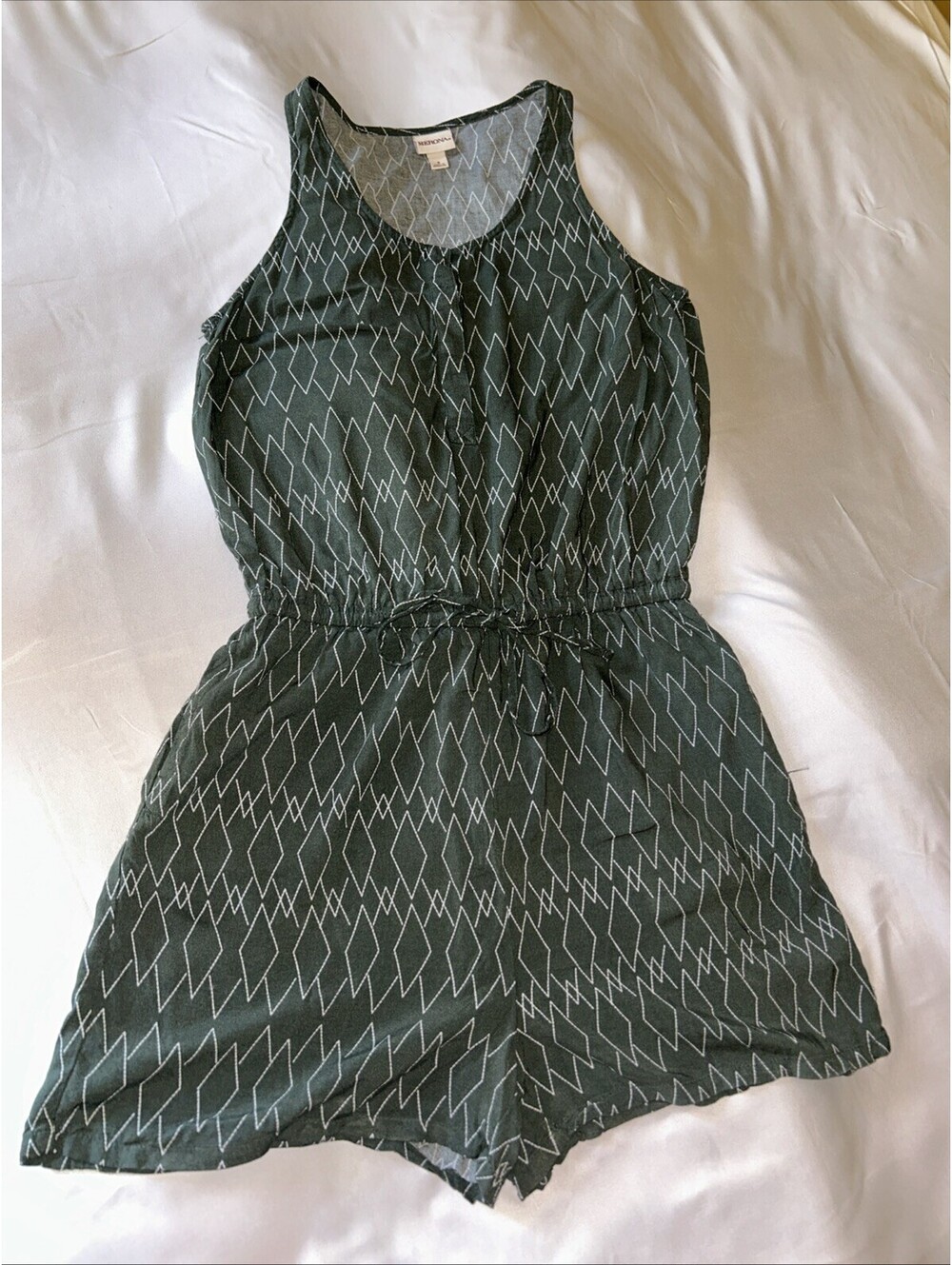 Merona Womens Romper Small Green Geometric High Neck Sleeveless Drawstring Waist